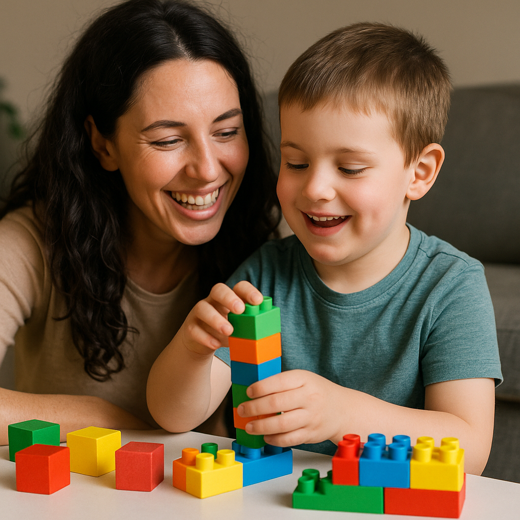 Mãe e criança usando tablet com rotina